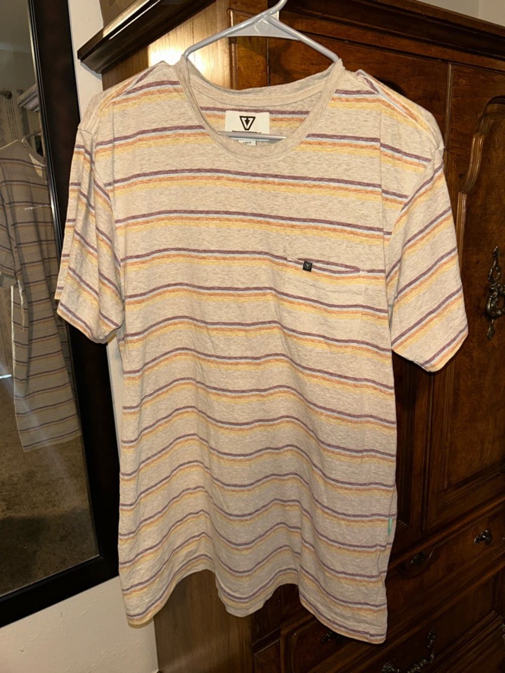 VISSLA Striped Short-Sleeve Crew Tee in Beige with Yellow, Blue, Orange & Purple